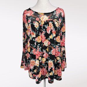 Bobbie Brooks Floral Bell Sleeve Blouse Sheer Layered Boho Top Size Medium